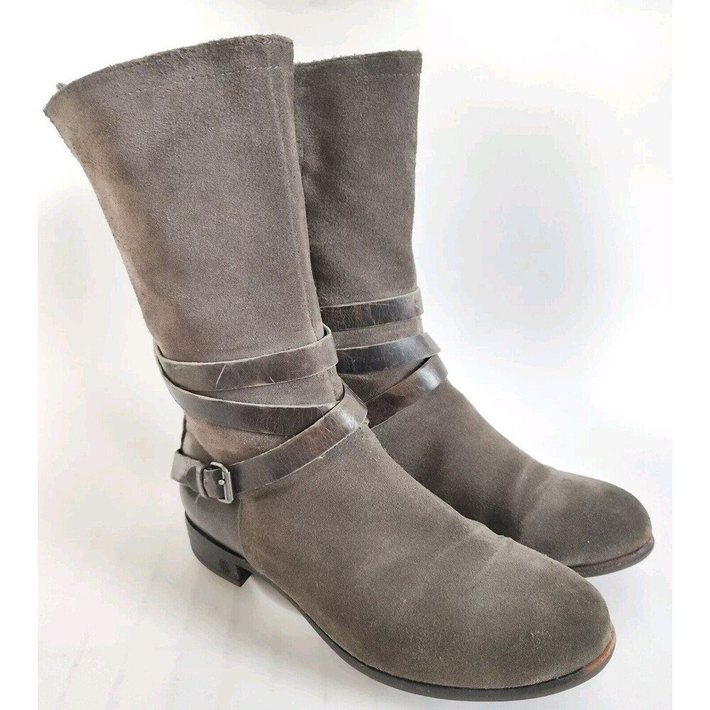 Ugg Deanna Leather Mid-Calf Gray Motorcycle Boots Harness Low Block Heel 7.5